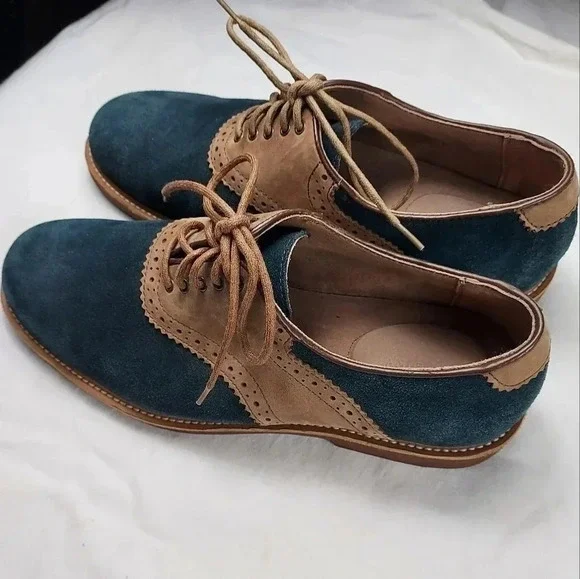Land's End Mens Tan Leather and Blue Suede Lace Shoes Size 9 - Picture 6 of 14